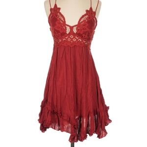 Free People boho red mini dress with crotchet and ruffle details small